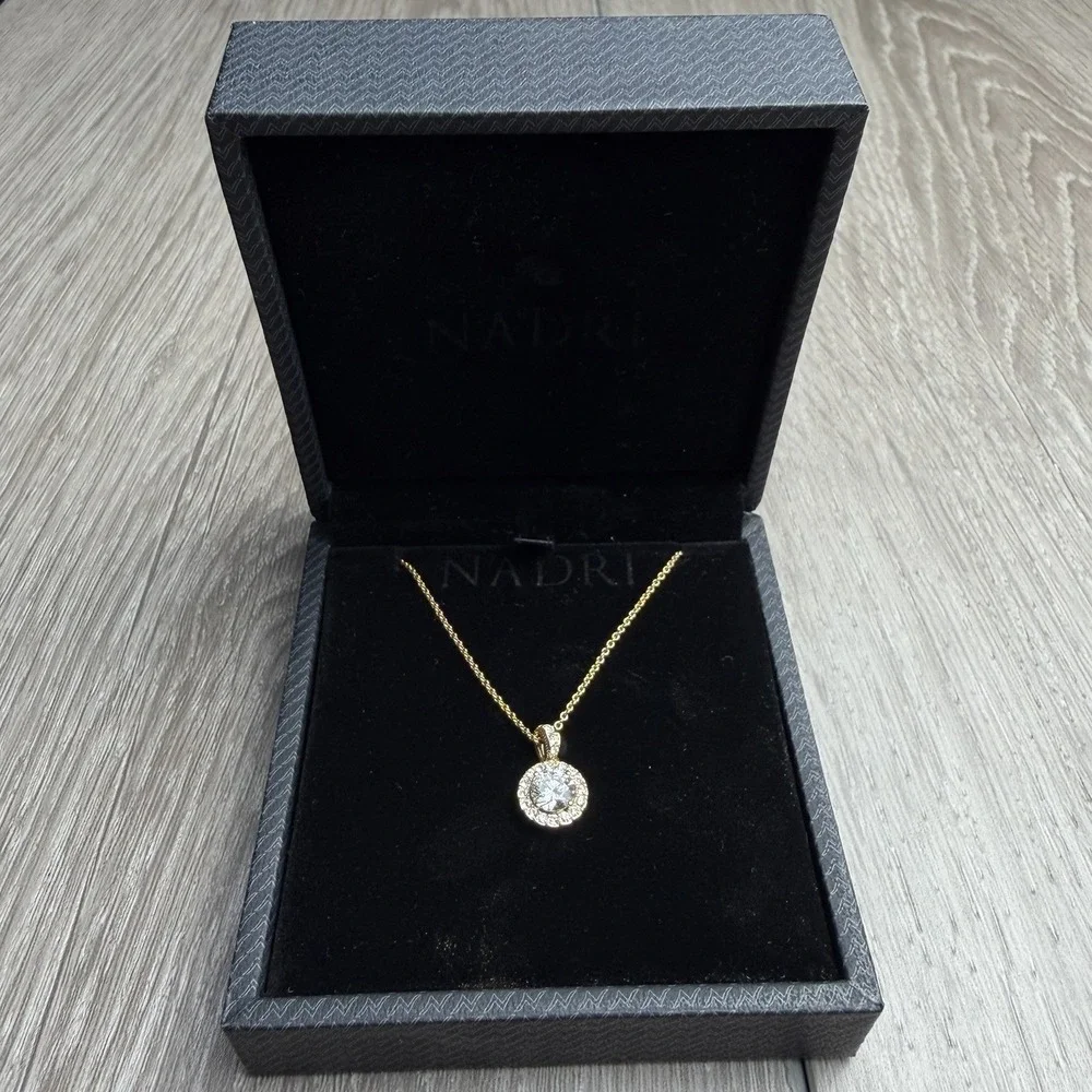 Nadri Round Halo Pendant Necklace Gold Tone Cubic Zirconia Crystal Pave New